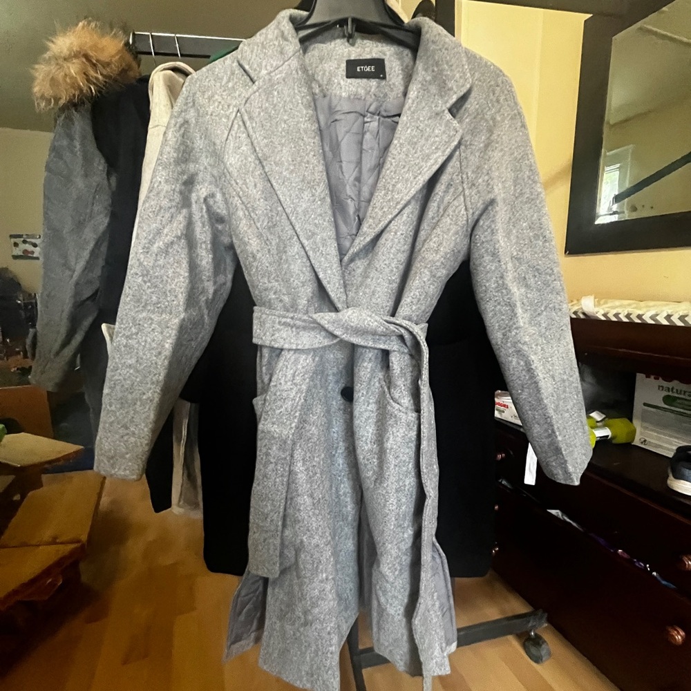 Gray Wool Blend Belted Coat